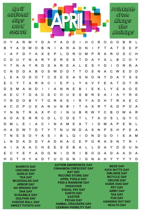 april word search printable national days word find puzzle