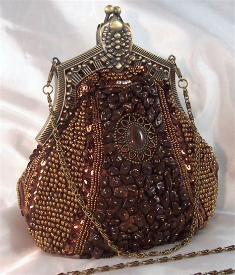 brown vintage look evening bag bead sequin rhinestone w 2 chain straps