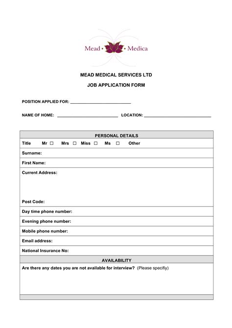 printable medical job application templates  allbusinesstemplatescom