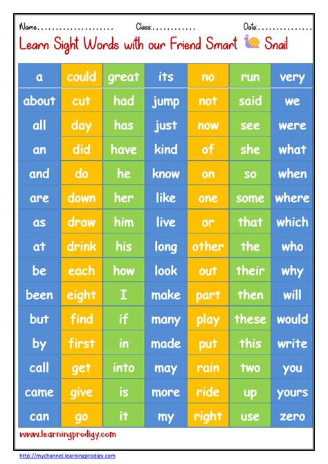 sight words chart  kindergarten archives learningprodigy