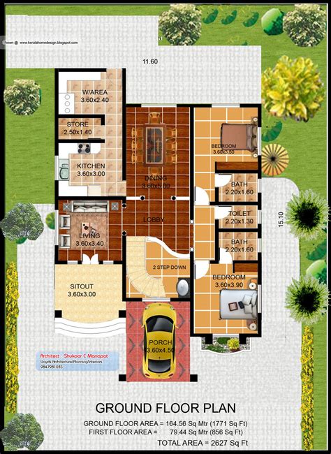 kerala villa plan  elevation  sq feet kerala home design  floor plans