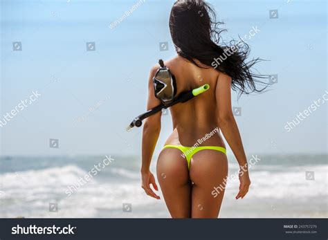 Tropical Beach Postcard Beautiful Brunette Girl Lagerfoto
