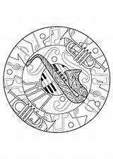 Mandala Jazz Mandalas Music Coloring Pages Piano Notes Saxophone Adults Adult Composed Trumpets Melodious Do Harmonious sketch template