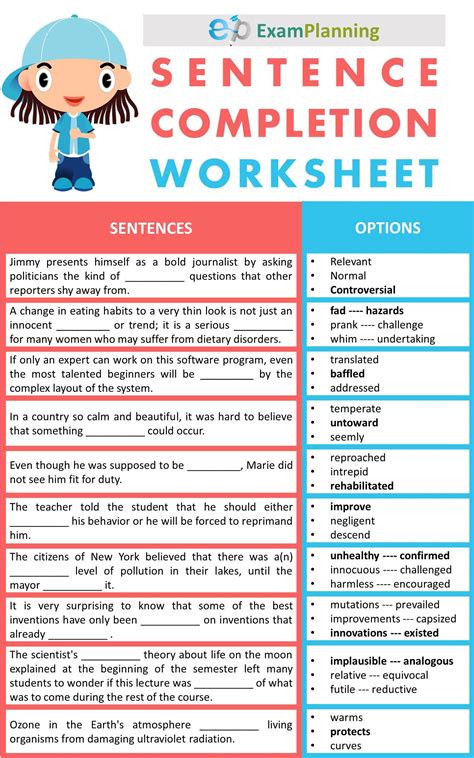 sentence completion worksheets a5c