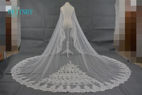 Britnry 3 Meter Ivory Cathedral Wedding Veils Long Lace Edge With