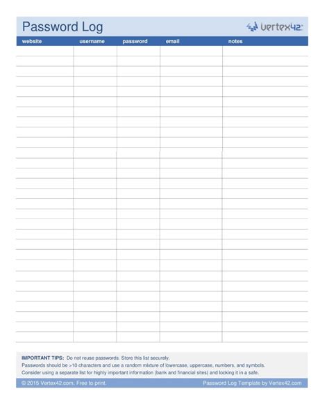 password log templates   printable word excel  formats