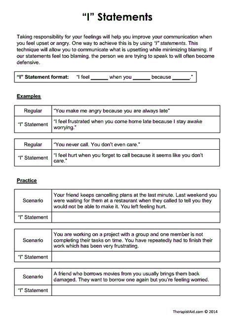 statements worksheet therapist aid therapy worksheets