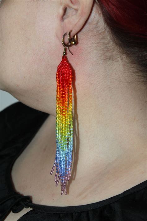 rainbow beaded earrings super long seed beads fashion beadwork etsy
