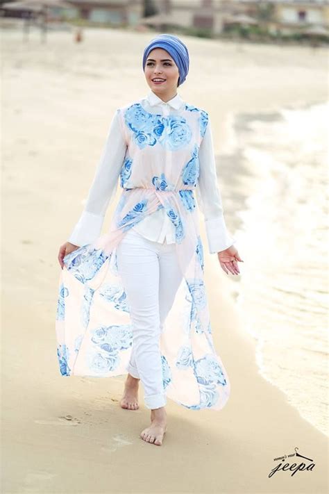 beach hijab style white dress  blue floral prints