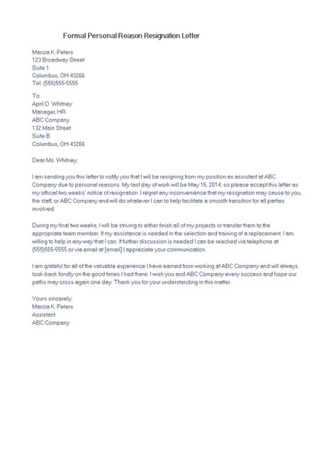 formal personal reason resignation letter templates