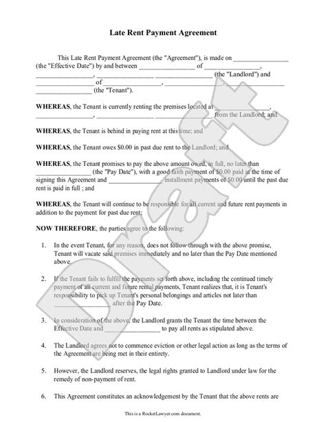 late rent payment agreement  printable documents payment