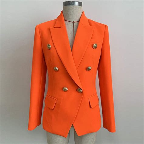 womens blazer fitted golden lion buttons neon orange   white blazer women blazer