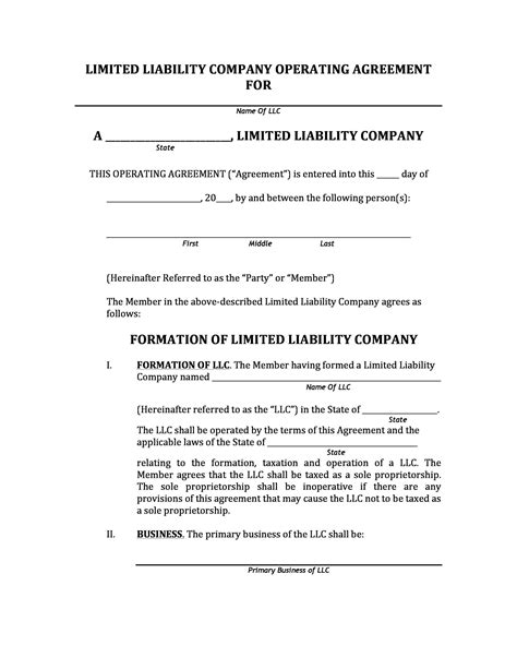 printable llc operating agreement form printable form