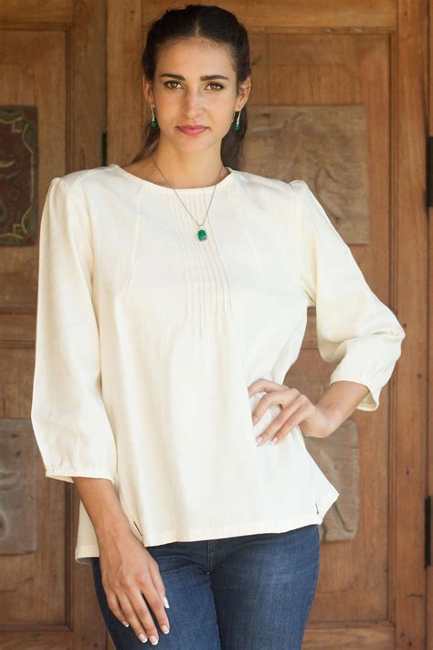 unicef market cotton blouse  cream color  neck  long