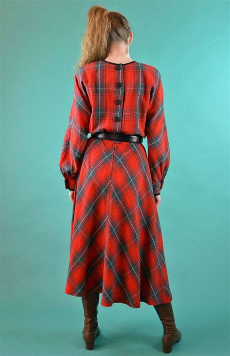 vintage 80s red plaid maxi dress full skirt shirtwaist dolman sleeves pleated skirt big black