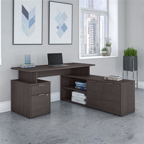 shaped desk  drawers  storm gray