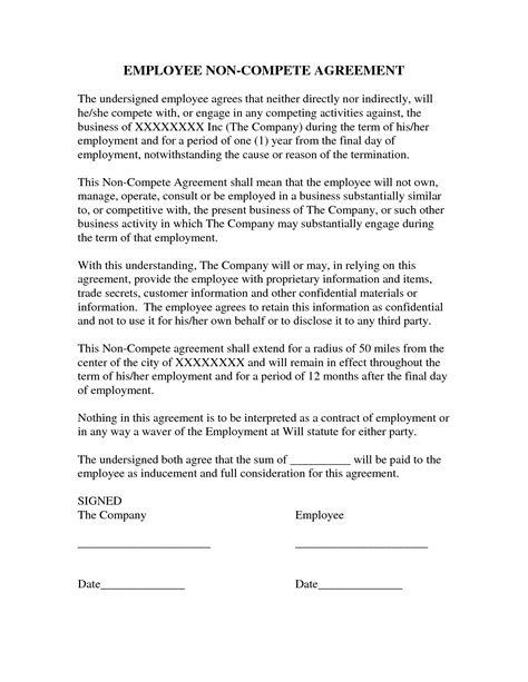 compete agreement sample form  printable documents
