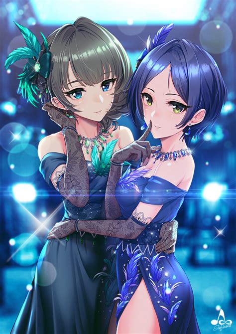 Safebooru 2girls Artist Logo Bangs Bare Shoulders Black Hair Blue