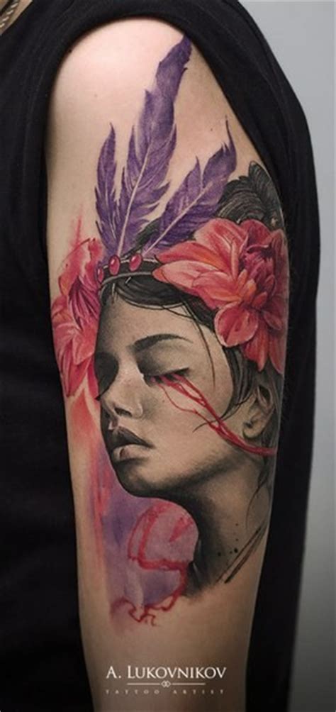 Breathtaking Portrait Style Shoulder Tattoo Of Woman With Flowers And
