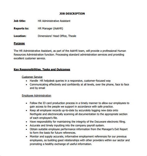administrative assistant job description template   word