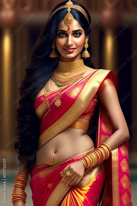 Beautiful Indian Woman Princess Saree Stomach Showing Hyper