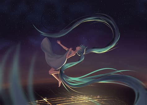 Aqua Hair Barefoot Blue Hair Dark Dress Hatsune Miku Long Hair Space