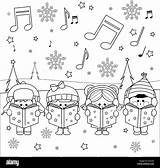 Christmas Coloring Carols Singing Children Group Music Snow Outside Illustration Eve Night Vector sketch template