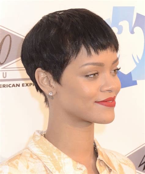 Rihanna Dark Brunette Pixie Cut With Layered Bangs