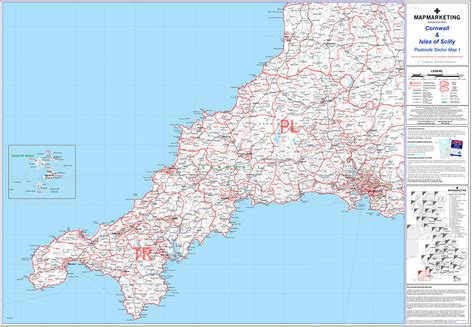 cornwall and scilly isles postcode wall map sector map 1