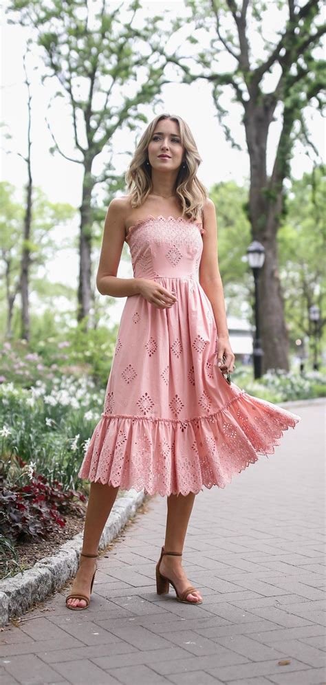 wear   boho garden  rustic outdoor wedding pale pink eyelet strapless midi dress
