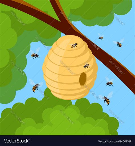 Honey Bees And Hive On Tree Branch Royalty Free Vector Image