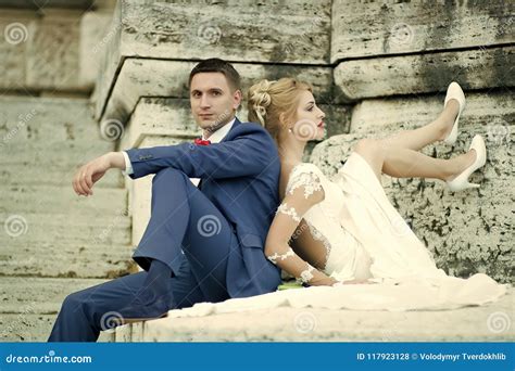 Sensual Young Couple Making Love Wedding Pair Sitting Outdoor Stock