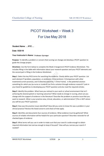 nr  week  assignment picot evidence worksheet  notes