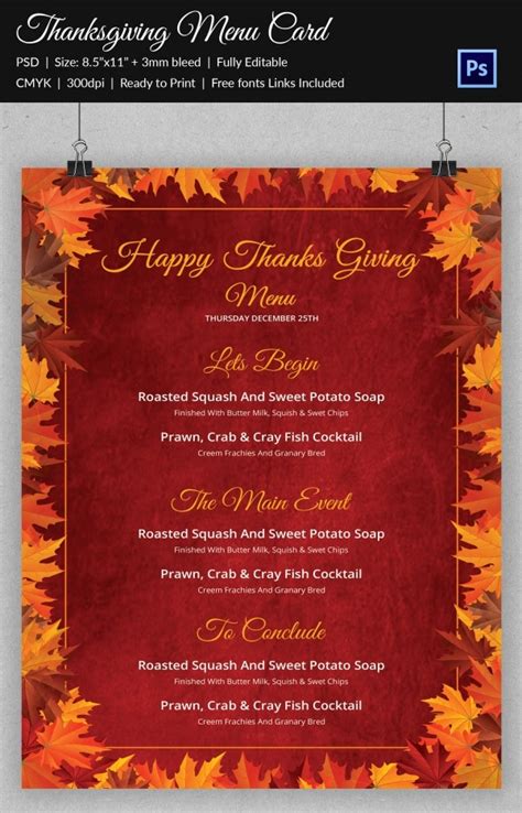 template  thanksgiving menu  printable templates