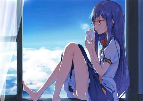 long hair feet clouds sky curtains anime girls