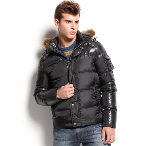 lyst guess faux fur hooded puffer jacket in black for men