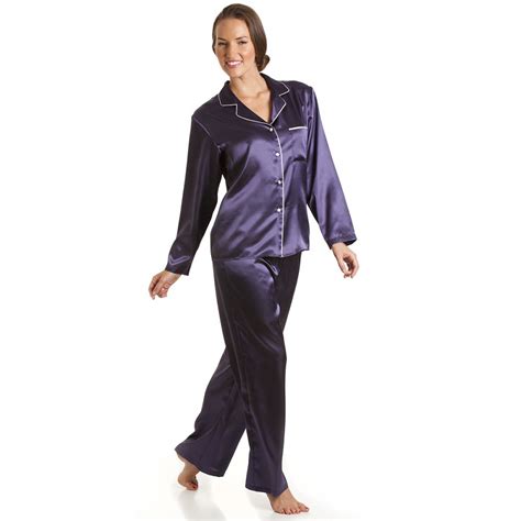 womens ladies luxury satin long length deep purple pyjamas set sizes 10 22