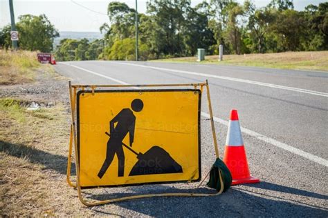 image  yellow digging road work signs  road austockphoto
