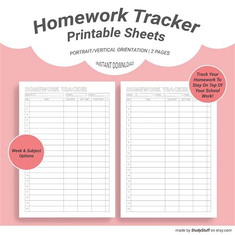 homework tracker printable sheets homework assignment planner student