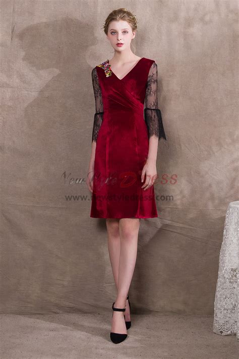 knee length burgundy velvet prom dresses lace sleeve np 0392