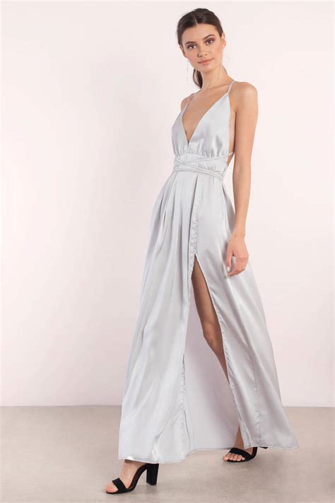 Sexy Silver Dress Slit Dress Silver Satin Gown Maxi Dress 102