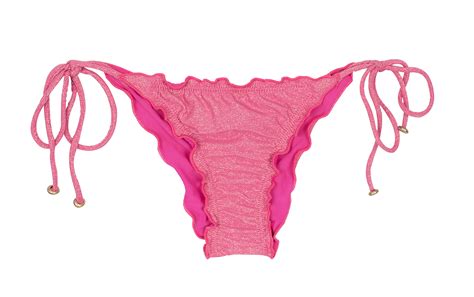 pink lurex scrunch thong bikini bottoms with scallop trim calcinha
