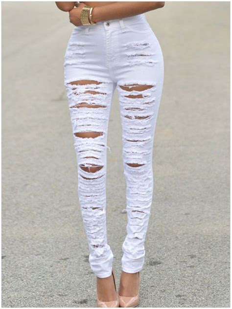 high quality women high waist white ripped skinny jeans online store