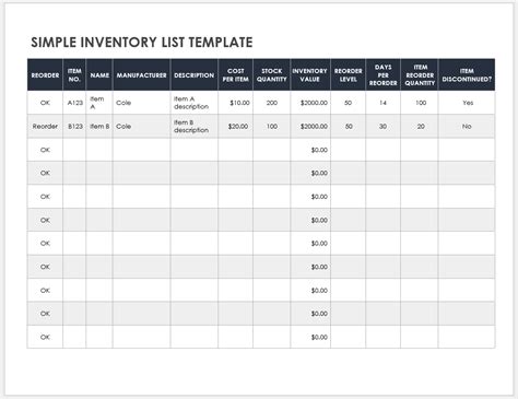 inventory list templates smartsheet