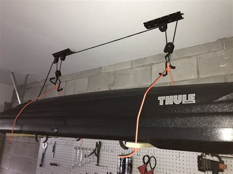 diy garage ceiling pulley lift system   thule ski cargo box