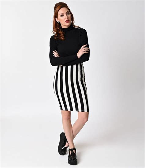 unique vintage black white stripe stretch high waist pencil skirt