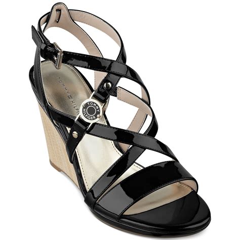 Tommy Hilfiger Womens Elizah Wedge Sandals In Black Black Patent Lyst