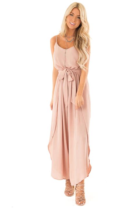 dusty rose sleeveless jumpsuit with leg slits and back tie front full