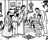 Diwali Coloring Drawing Pages Festival Scene Deepavali Wallpapers Kids Celebration Sketch Colouring Celebrating Happy Drawings Book Composition Family Sheets Pencil sketch template