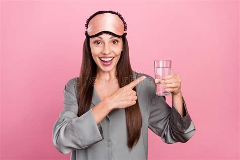 Photo Of Mature Woman Happy Positive Smile Point Finger Glass Water